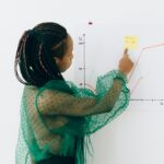 Focused woman points to financial graph, showcasing analysis & strategy.